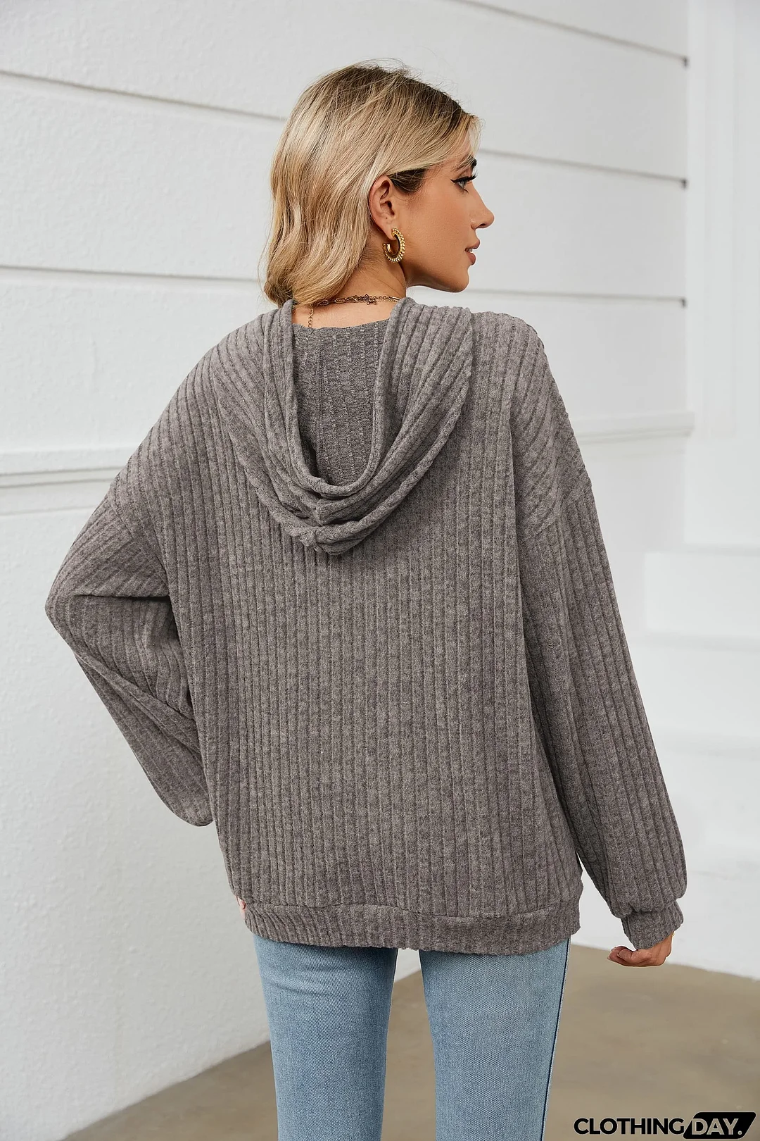 Drawstring Dropped Shoulder Ribbed Hoodie