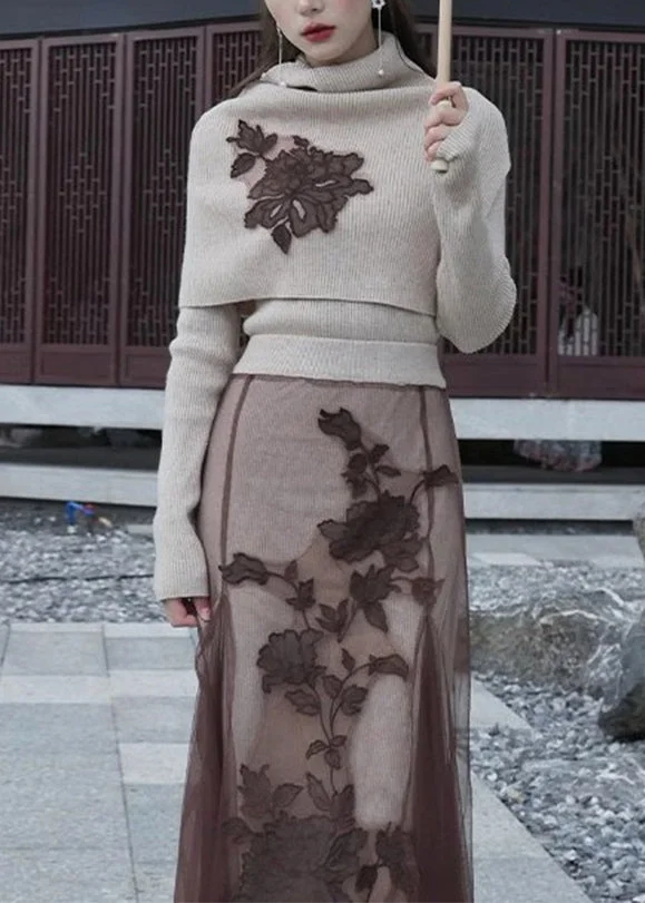 Art Khaki Embroideried Patchwork Silm Fit Knit Three Pieces Set Winter