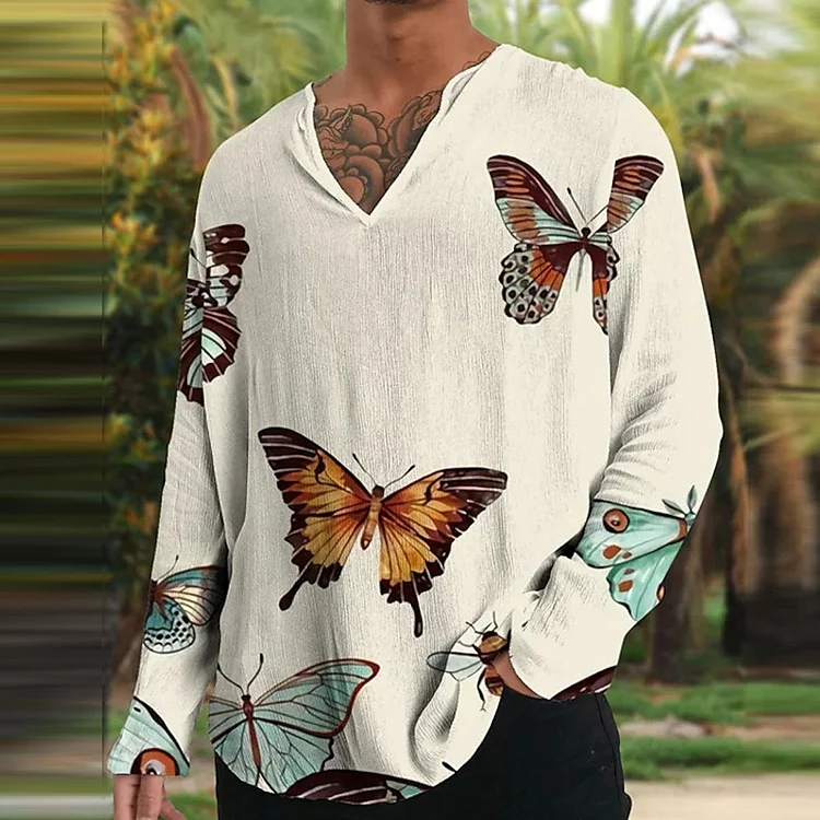 Fashion Cotton Linen Butterfly Print Long Sleeve Casual Shirt