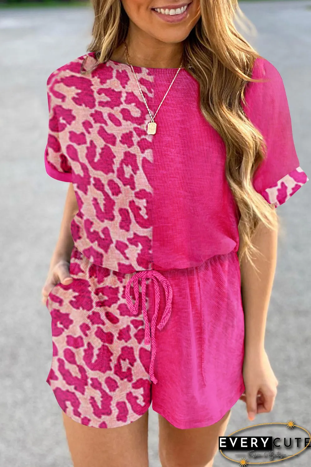 Pink Half Leopard Print Drawstring Knit Romper