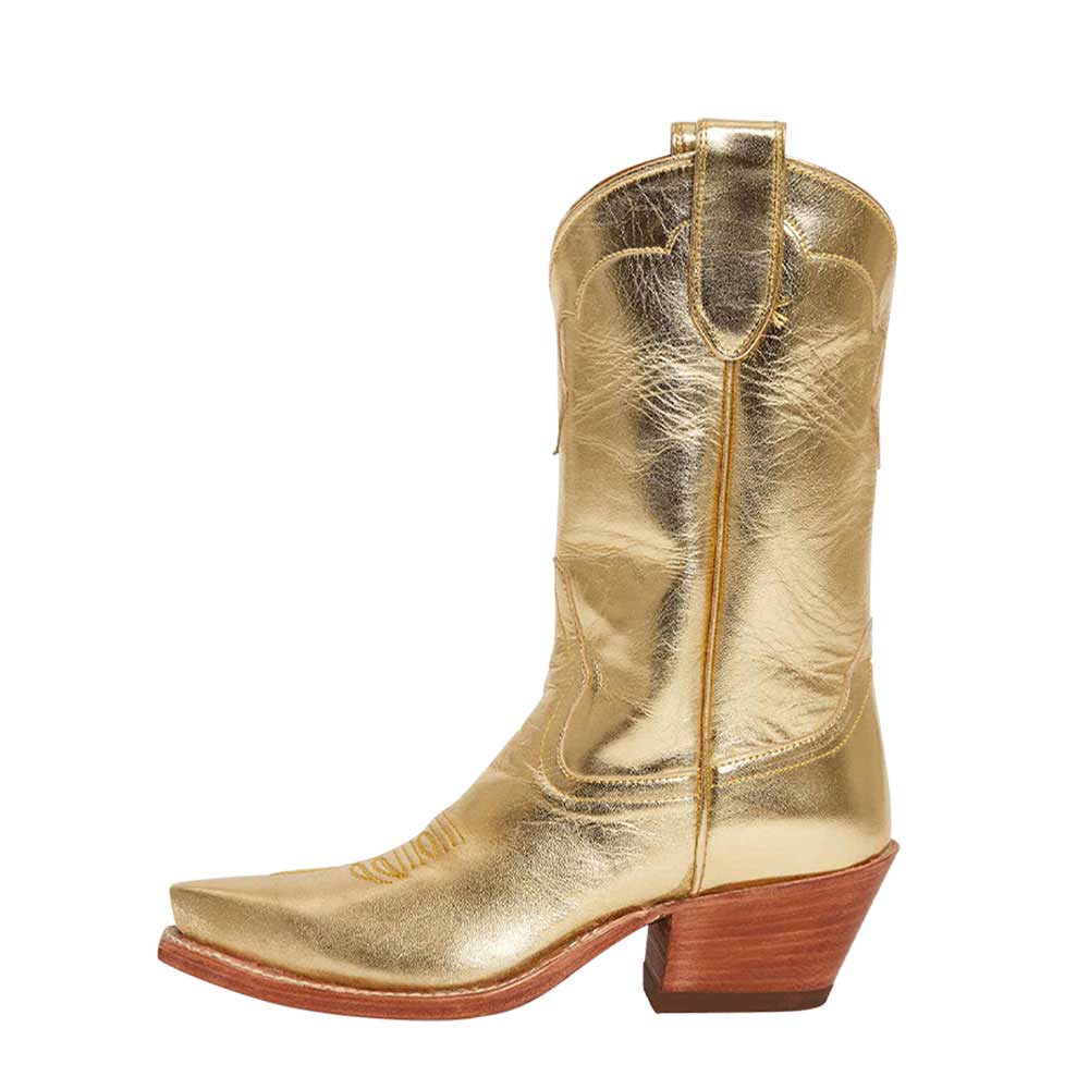 Metallic Gold Pointed Toe Chunky Heel Mid-Calf Pull-On Cowgirl Boots