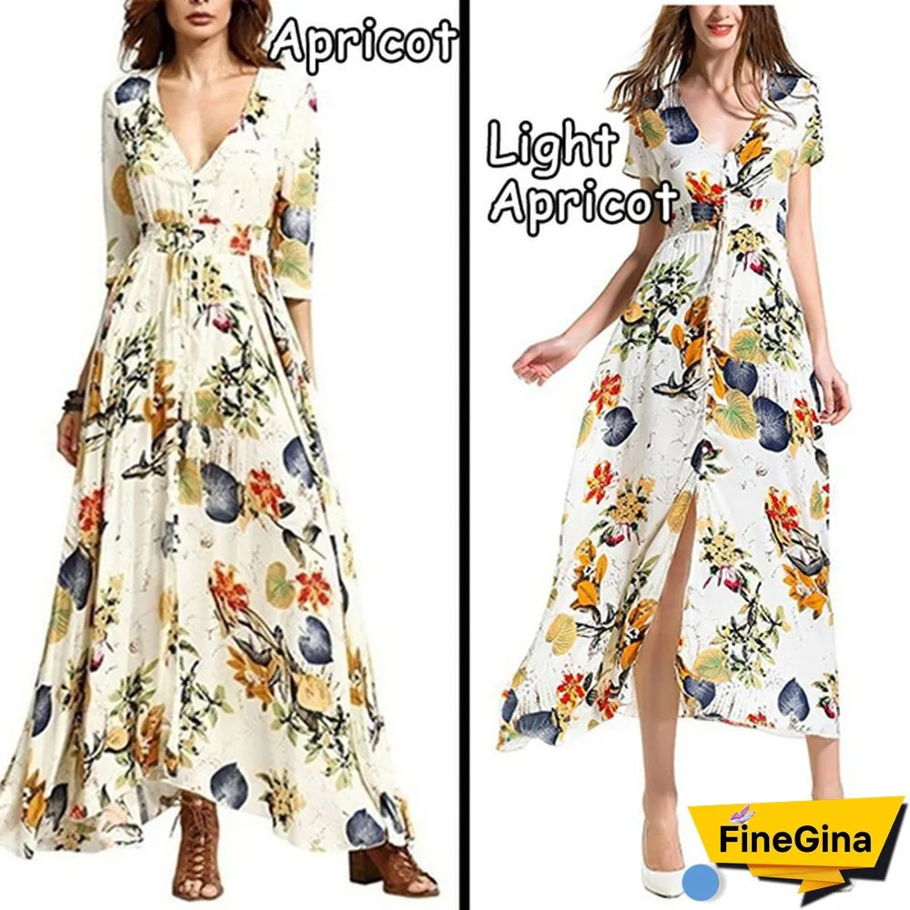 Womens Fashion Bohemian V Neck Print Big Swing Long Dress Plus Size