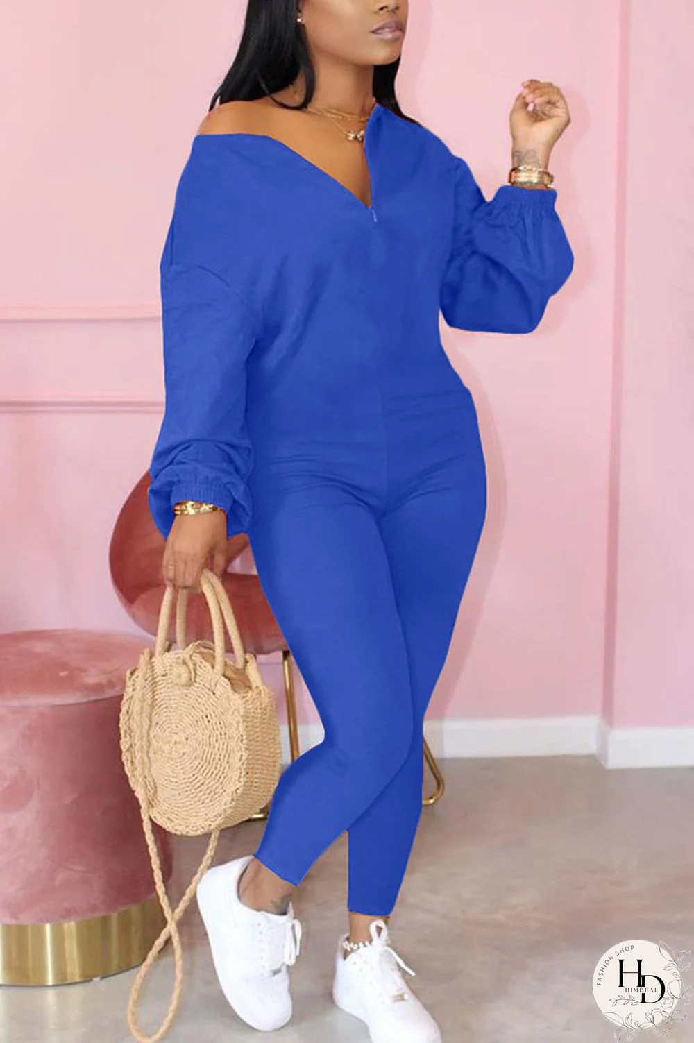 Black Fashion Casual Solid zipper Long Sleeve O Neck Jumpsuits