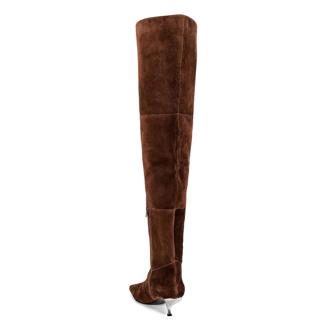Vegan Suede Square Toe Silver Comma Heel Thigh-High Boots in Brown