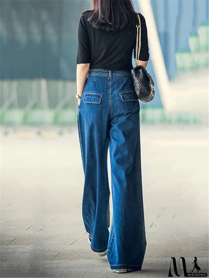 MidiSono - Women's Stitching Stonewashed Effect Wide-Leg Pocket Jeans
