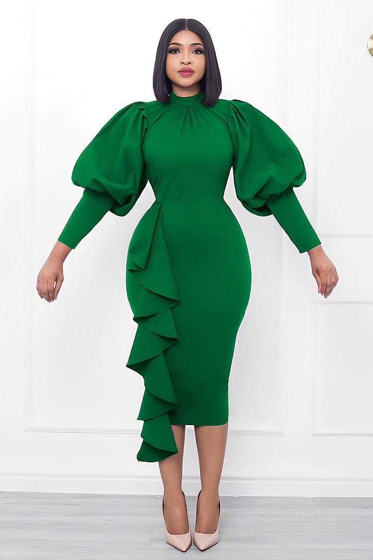 Ruffle Puff Long Sleeve Elegant Bodycon Midi Dresses