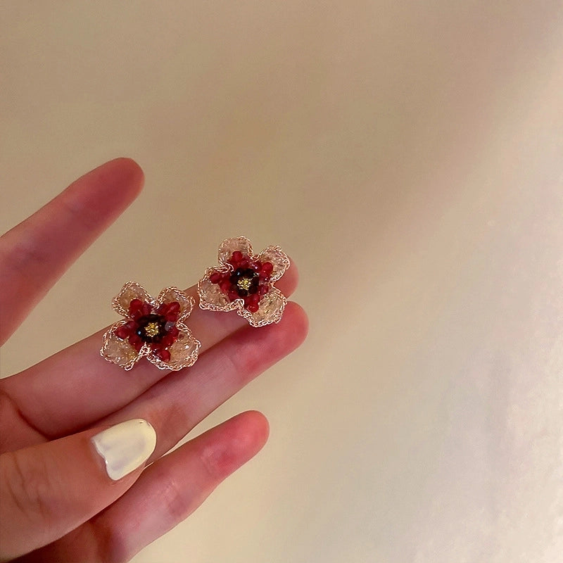 1 Pair Minimalist Flower Copper Enamel Rhinestones Drop Earrings Ear Studs