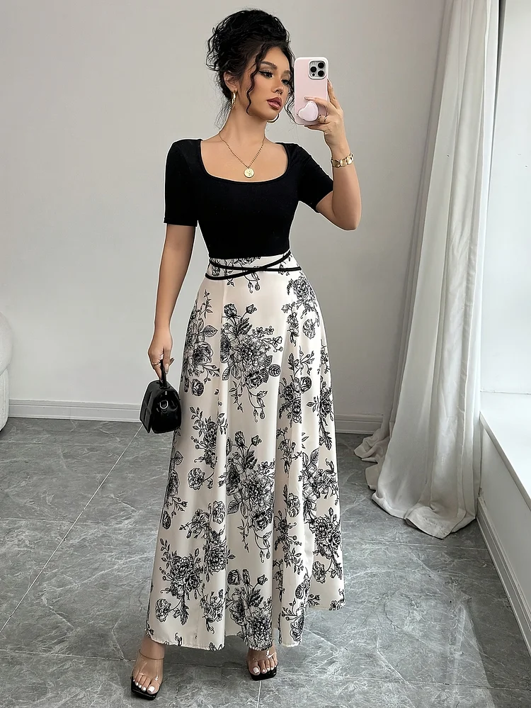 Women's Elegant Floral Print Square Neck Short Sleeve Maxi Dress With Belt - Chic Summer Dress In Black & White, Polyester, Sleeveless, Flowy Design, Perfect For Casual Or Stylish Outfits, Casual Summer Dress | Floral Print Dress | Polyester Dress