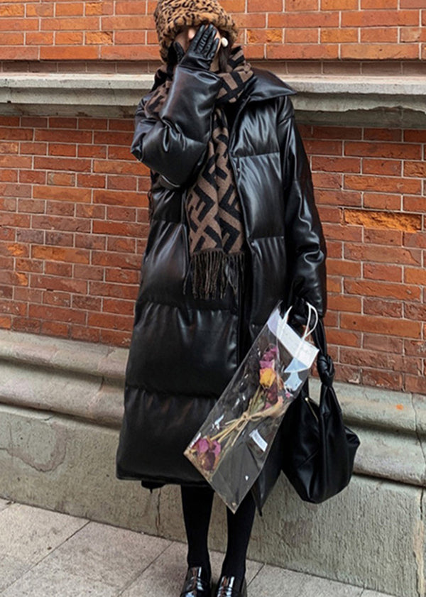 VCSHOES Loose Black Stand Collar Faux Leather Cotton Filled Winter Coats Winter