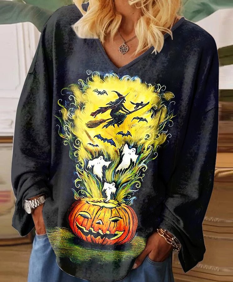 Casual Pumpkins And Witch Printed V-neck Halloween Blouse