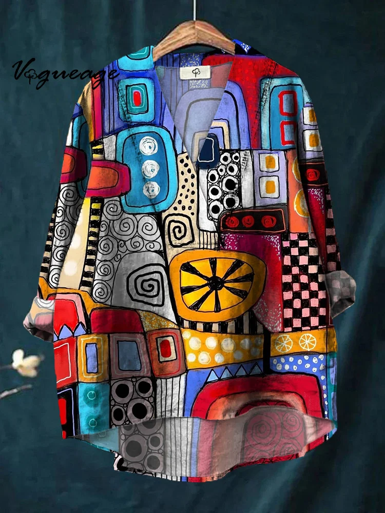 Colorful Gentle And Beautiful Fun Patterns Printed Cotton And Linen Shirt