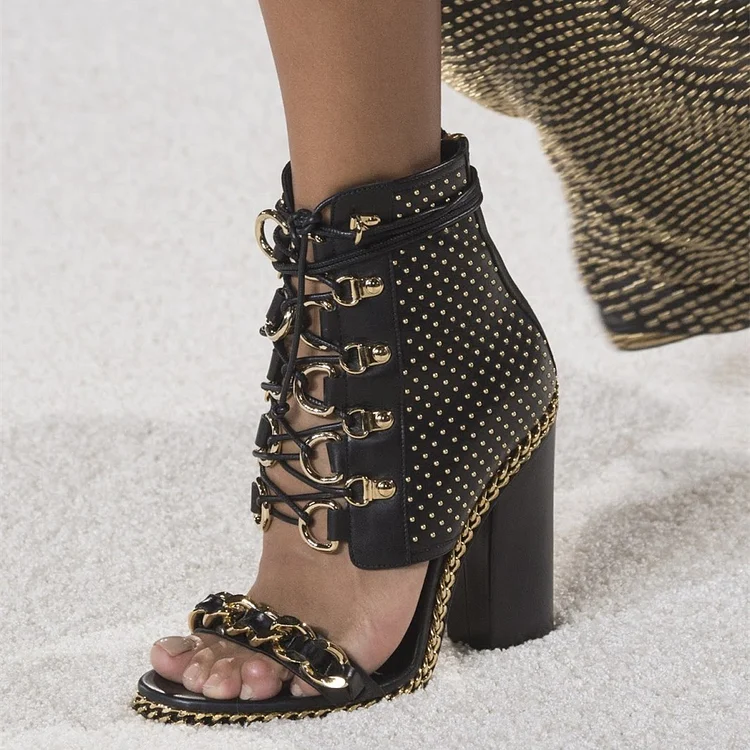 Black Chain and Studs Chunky Heel Sandals Metal Lace up Sandals |FSJ Shoes