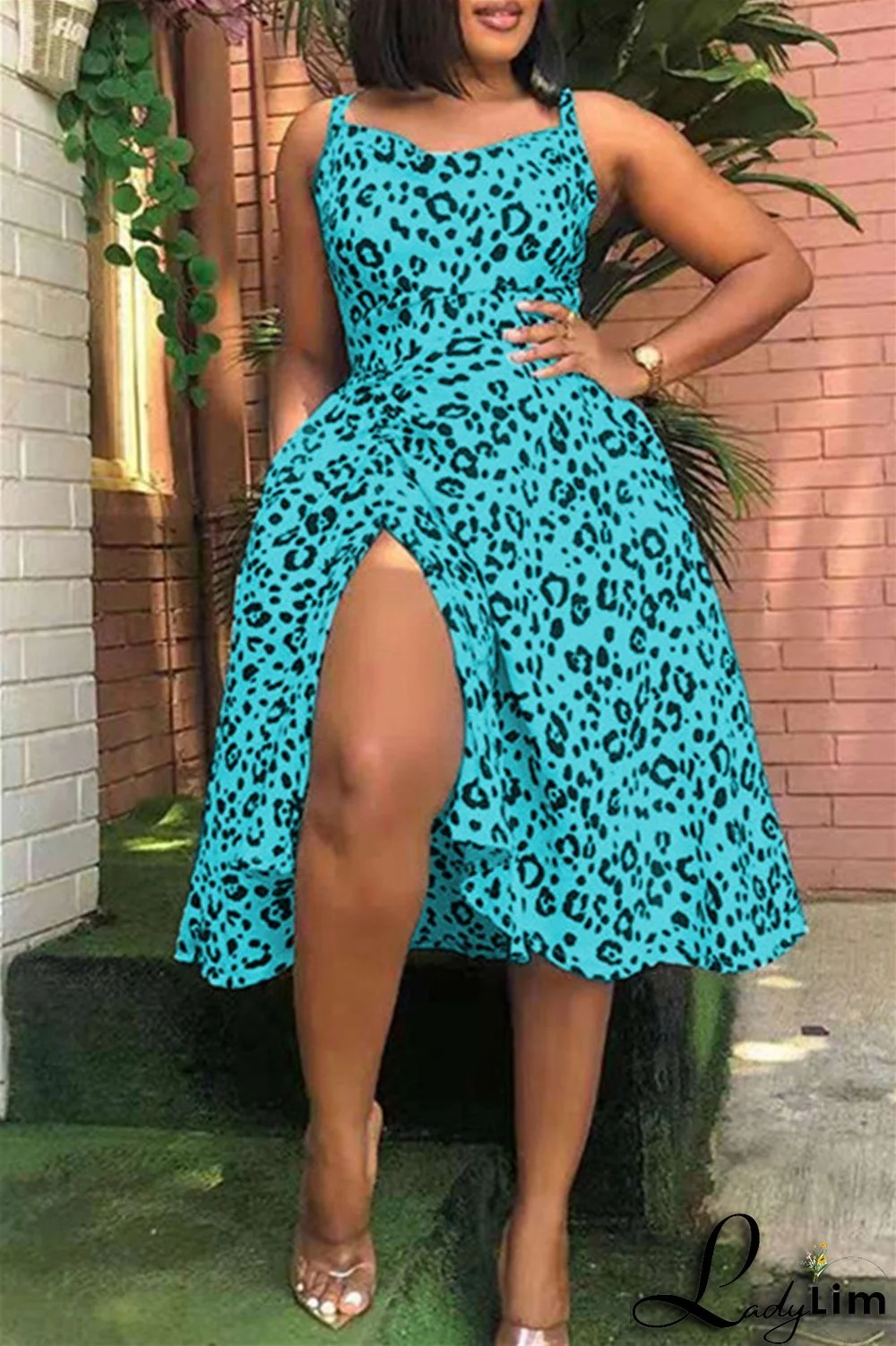 Deep Blue Fashion Sexy Print Backless Slit Square Collar Sling Dress