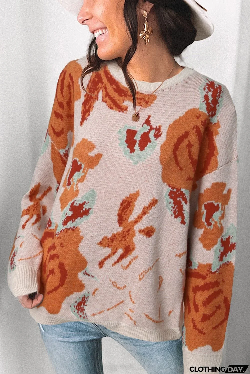 Floral Pattern Drop Shoulder Crew Neck Sweater