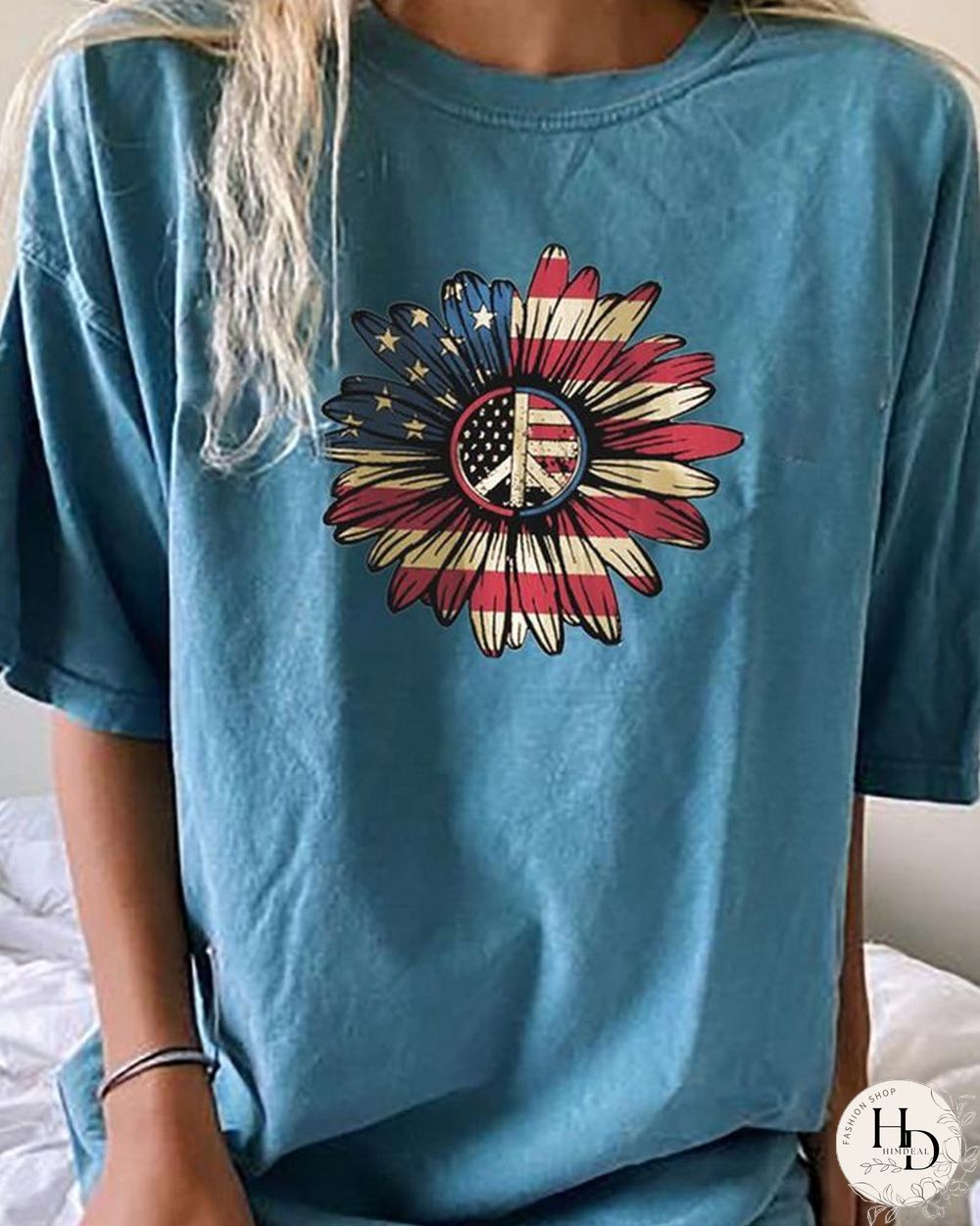 Independence Day Sunflower Print Short Sleeve T-shirt P12385