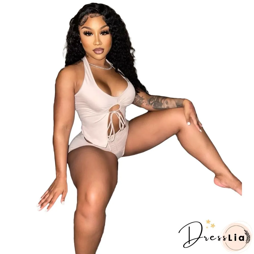 Summer Women Sexy Solid Color Irregular Hollow Out Sleeveless Halter Top Skinny Shorts Two Piece Suit