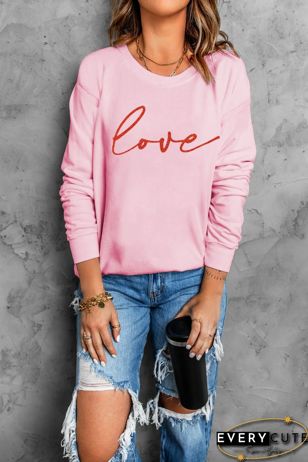 Pink Love Glitter Pattern Print Crew Neck Sweatshirt
