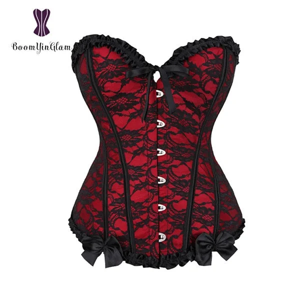 Red Women Mesh Grid Lingerie Basque Corselet Bustier Floral Lace Overlay Corset Overbust Plus Size 805#