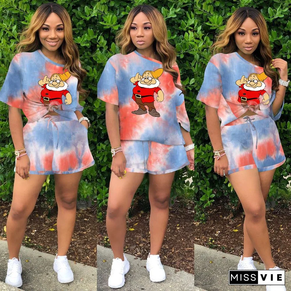 Tie Dye Cartoon Print Casual Two Piece Shorts Set