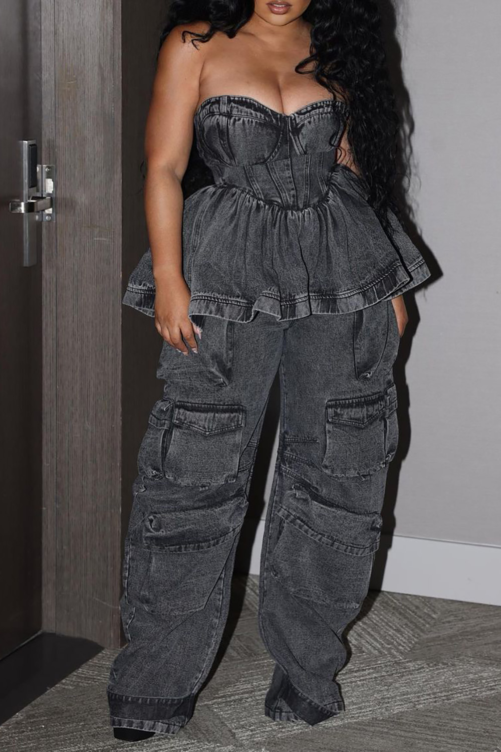 Plus Size Black Daily Strapless Ruffle Denim Cargo Two Piece Pant Set