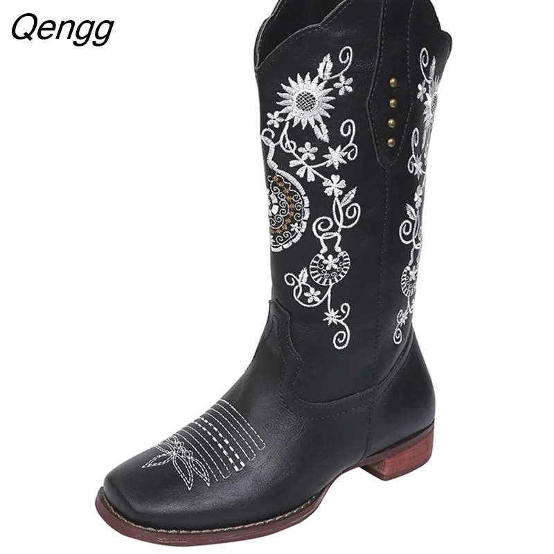 Qengg Women's Fashion Spring Low Heel Winter British Embroidered Luxury Brand Design Autumn Goth Party Thigh Knee High Boots Pink 2023