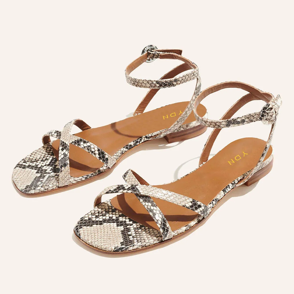 Beige & Grey Python Print Open Toe Ankle Strap Flat Women's Sandals