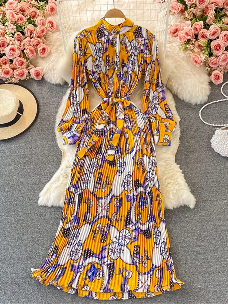 Uveng New Women French Loose Pleated Printed Long Dress Elegant Long Sleeve A-line Lady Clothes Autumn Female Maxi Dress