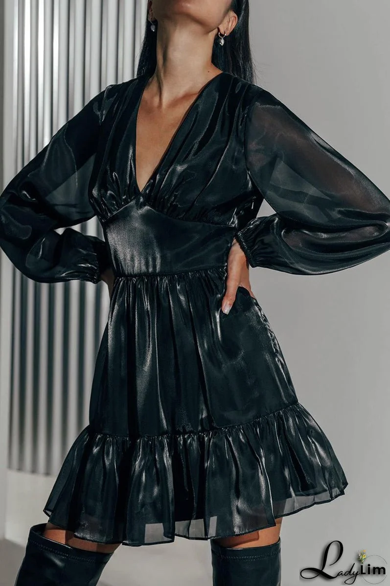 Glitter V Neck Long Sleeve Mini Dress