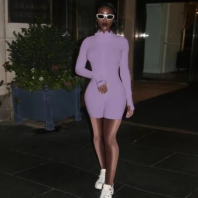 Uveng Zipper Stretch Turtleneck Embroidered Street Hipster Slim Fit Fitness Jumpsuit Yoga Suit