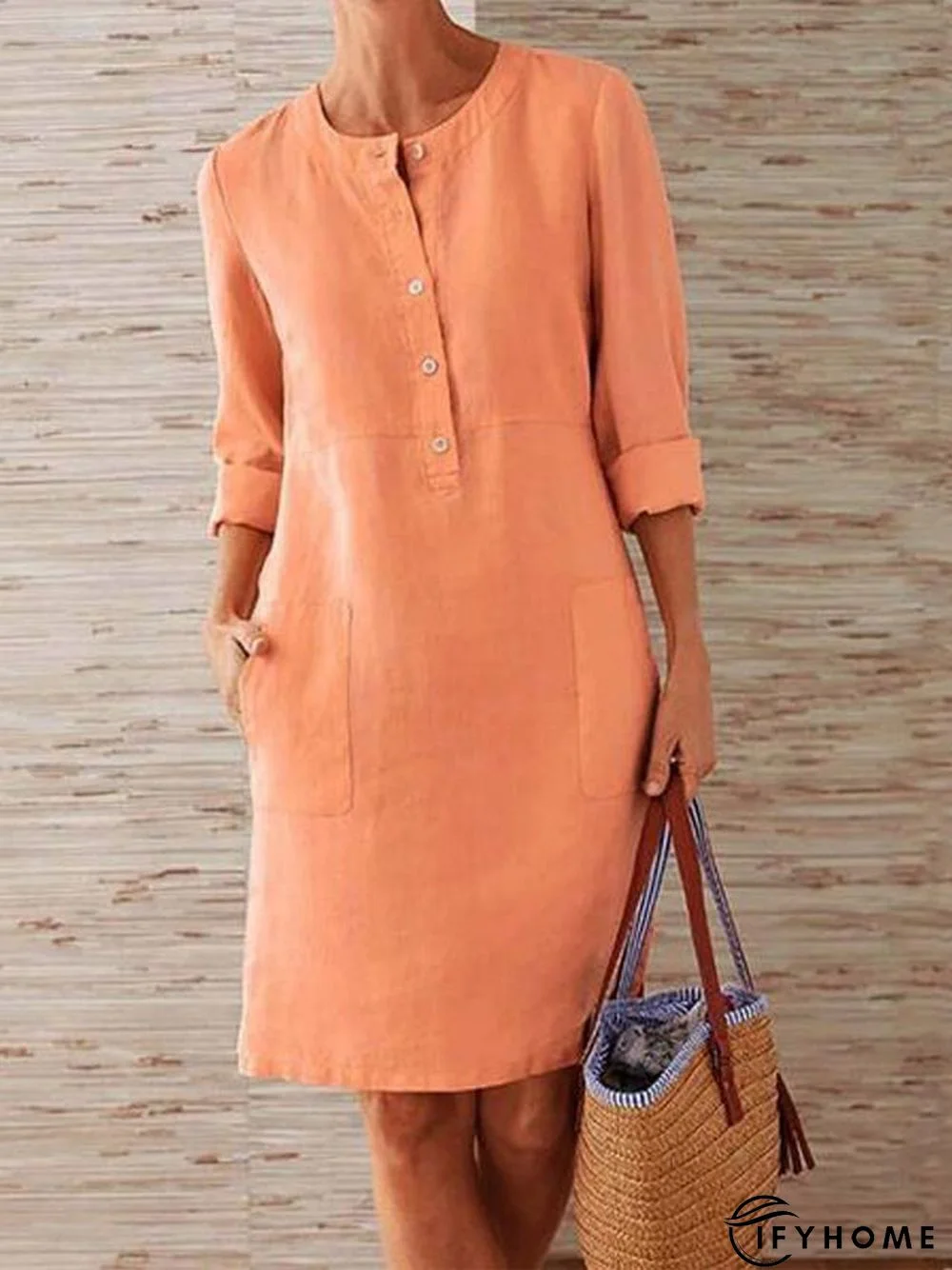 Solid Color Stand Collar Long Sleeve Buttoned Dress | IFYHOME