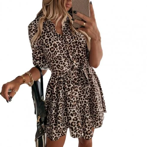 Women Leopard Printed Patchwork Long-sleeved Lapel Collar Belt Dresses
