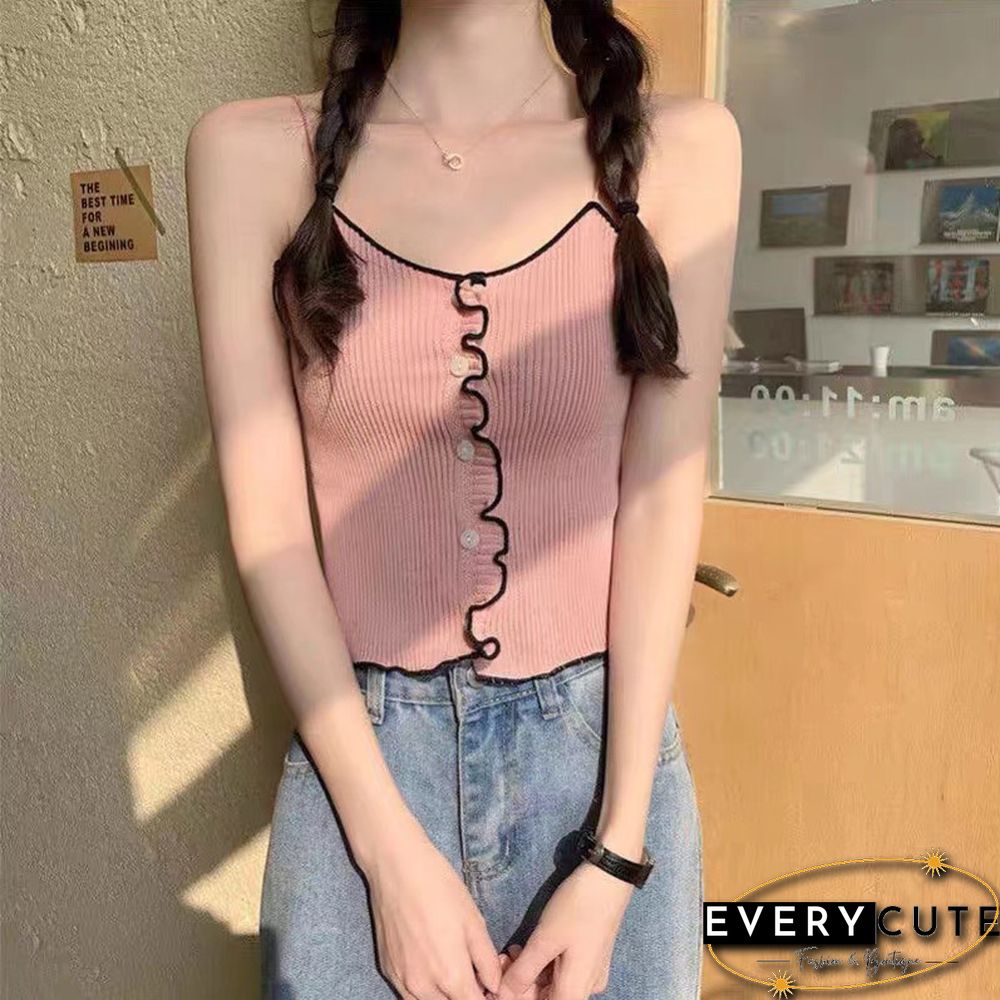 Pearl Diary Women Spaghetti Strap Knitted Tops Summer Ruffle Camis Top With Front Buttons Solid Color Basic Knitted Cute Tops