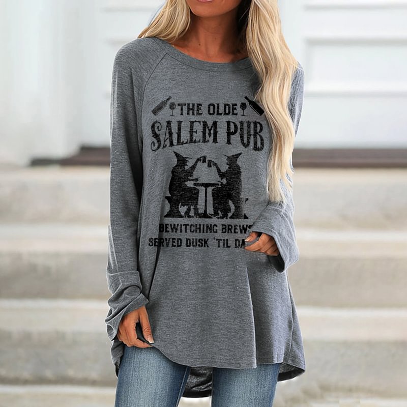 The Olde Salem Pub Bewitching Brews Served Dusk 'Til Dawn Printed Loose T-shirt