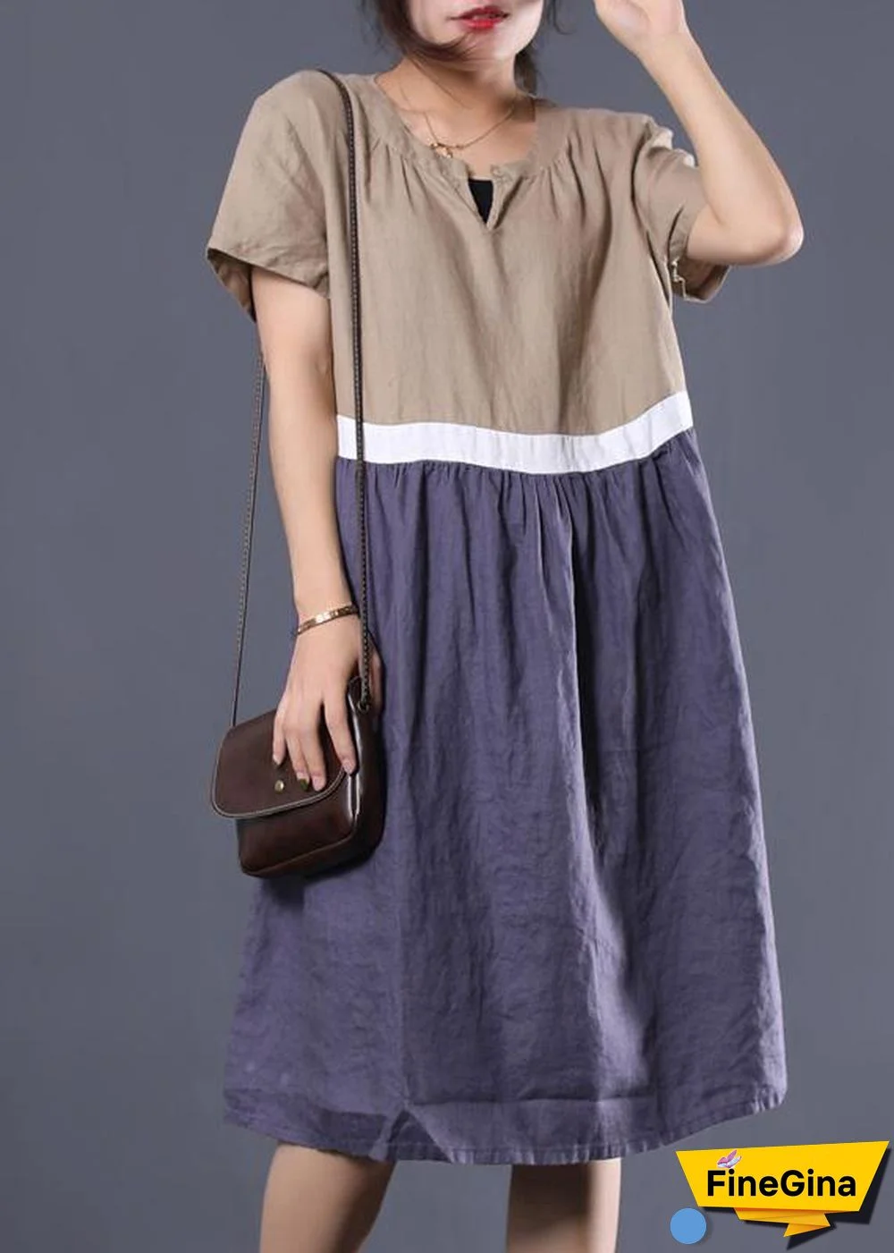 Bohemian khaki v neck linen clothes patchwork color long summer Dress