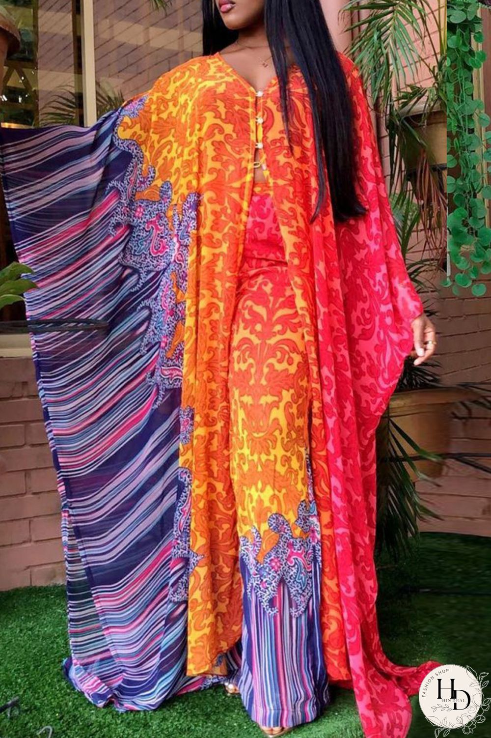 Tangerine Red Fashion Casual Print Slit Long Sleeve Two Pieces