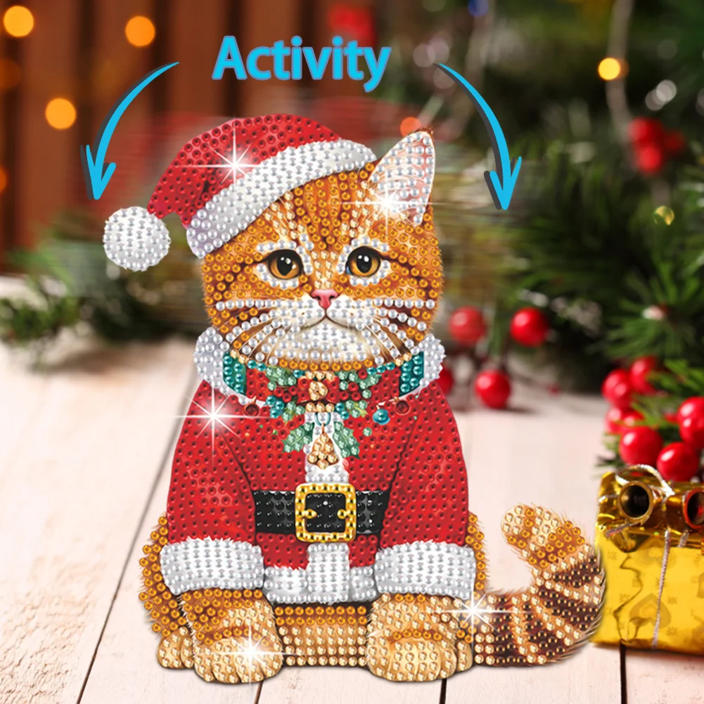 DIY Xmas Orange Cat Acrylic Shaking Head Desktop Diamond Painting Art Kits for Kids
