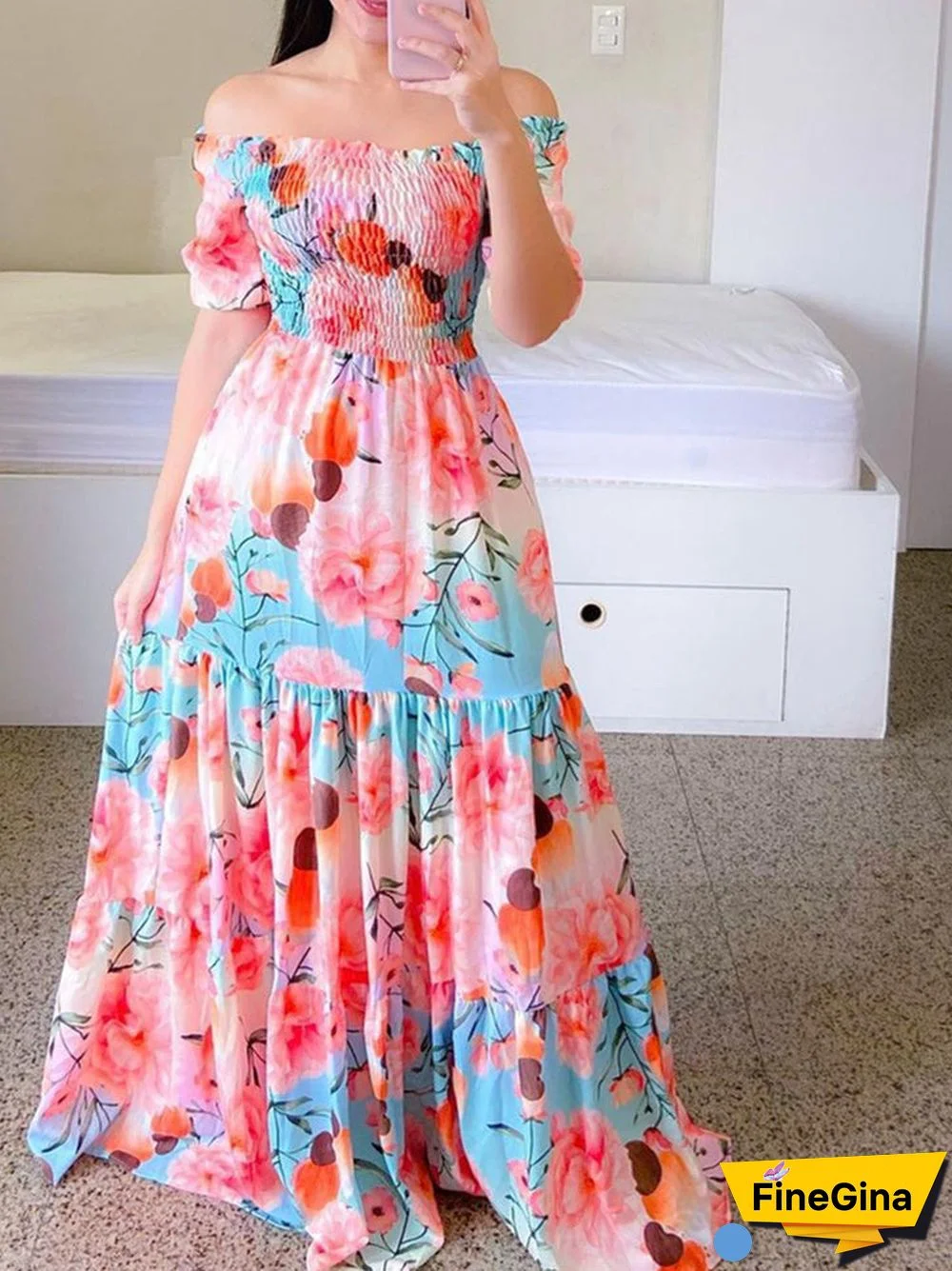 Women Sleeveless Off-shoulder Floral Printed Dress