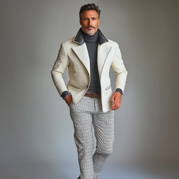 Mens PU Leather Crocodile Pattern Contrast Color Notched Lapel Bu-inspireuse