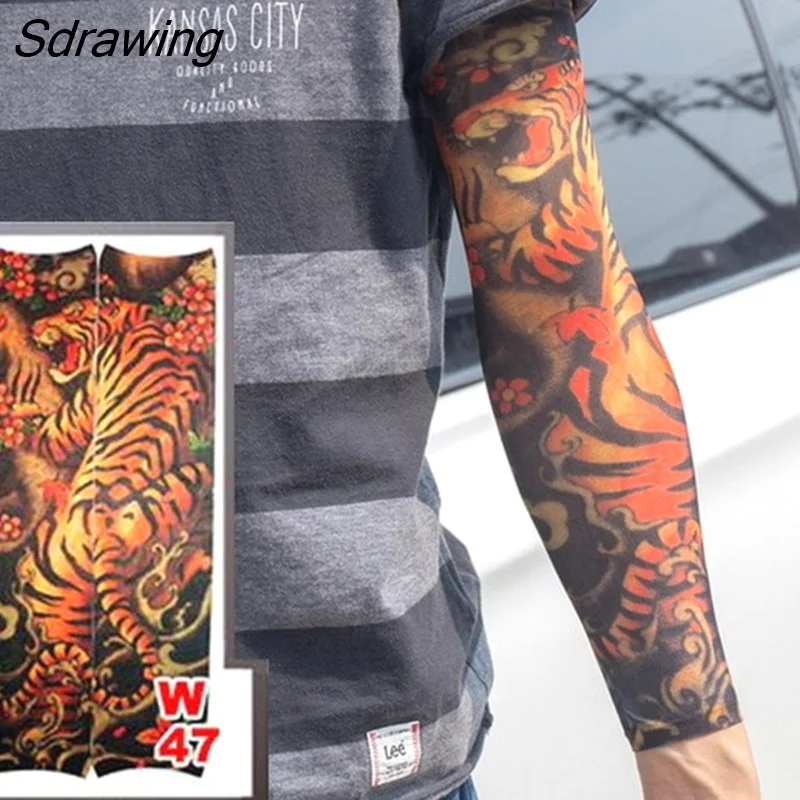 Sdrawing Temporary Tattoo Sleeve Tattoos Full Long Arm Tattoo Sleeve Men Elastic Nylon Tattoos skull dragon snake tiger tatoo sleeve