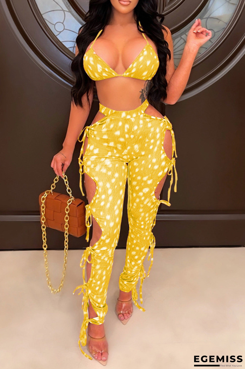 Yellow Sexy Print Draw String Halter Sleeveless Two Pieces | EGEMISS