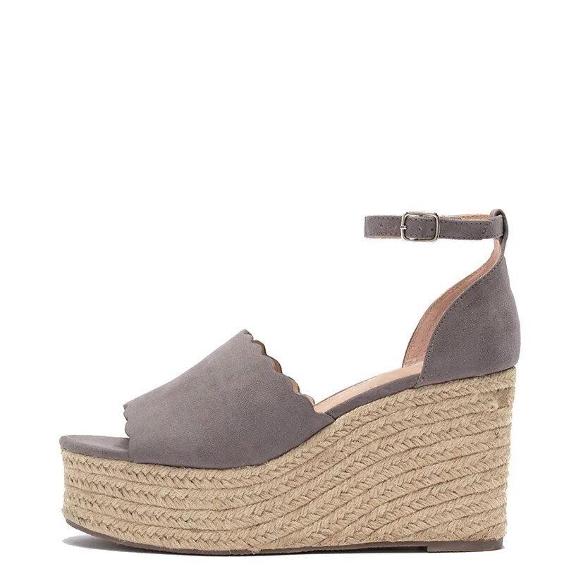 TAAFO Grey Platform High Wedge Heels Sandals Women Ladies Scallop Trim Adjustable Buckle Strap Shoes