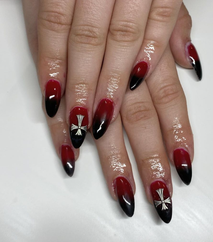 Press Nails Medium Long Coffin Shaped Red Black Nails - Temu