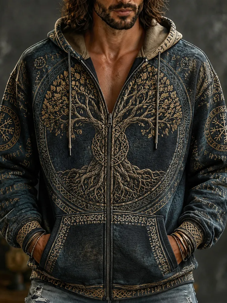 Vintage Washed Distressed Nordic Tree Of Life Viking Rune Full Zip-up Hoodie