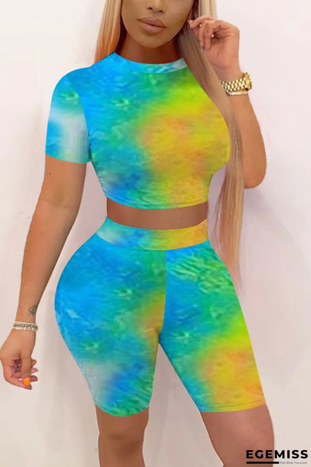 Green Fashion Casual Printed T-shirt Shorts Set | EGEMISS