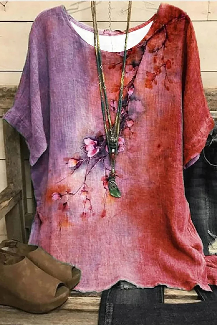 Flycurvy Plus Size Casual Pink Linen Ombre Floral Texture Print Stitching Blouse  Flycurvy [product_label]