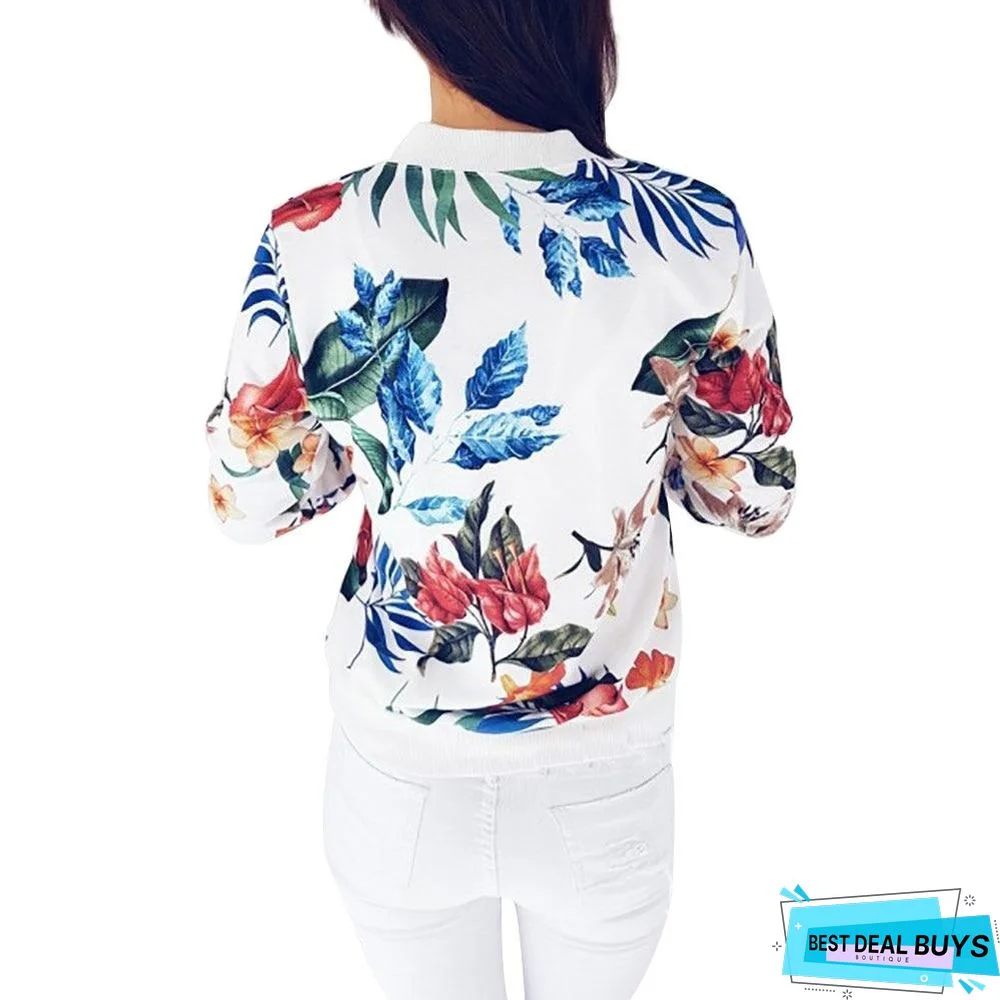 Women Coat Retro Floral Print Zipper Up Jacket Casual Coat Long Sleeve Outwear Women Basic Jacket Bomber