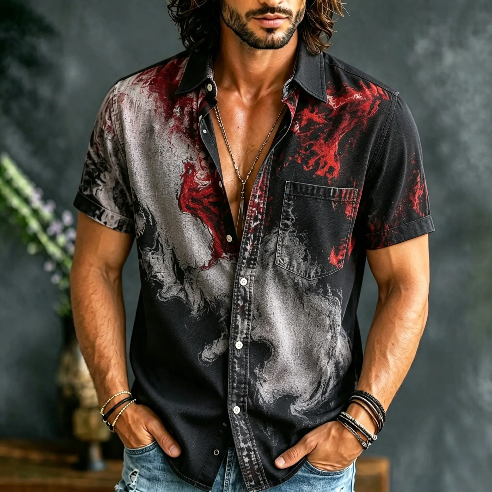 Men's Ink Halloween Style Printed Short Sleeves Shirt  artssus