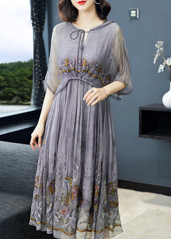 Art Grey Hooded Embroideried Patchwork Silk Fake Two Piece Dress Half Sleeve