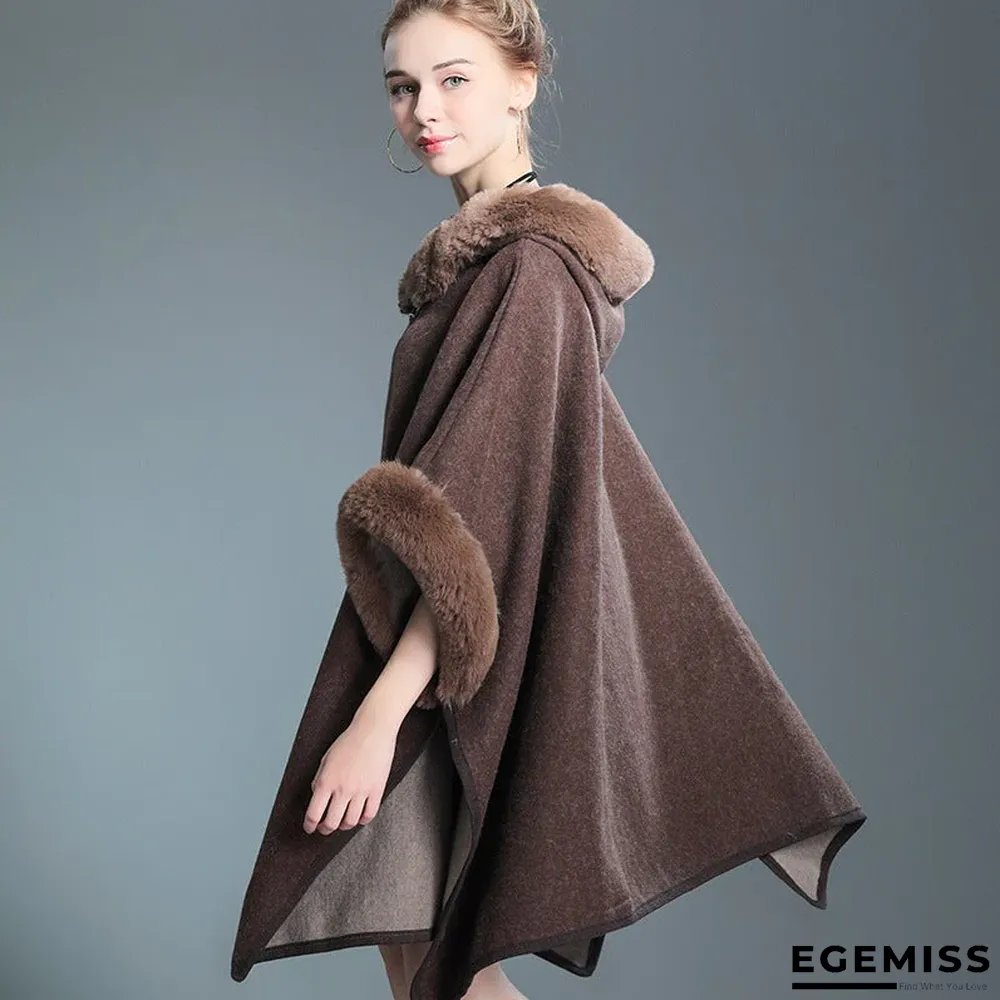 Autumn and Winter Fur Collar Hooded Shawl Cloak Large Size Woolen Coat Loose Cardigan Women | EGEMISS