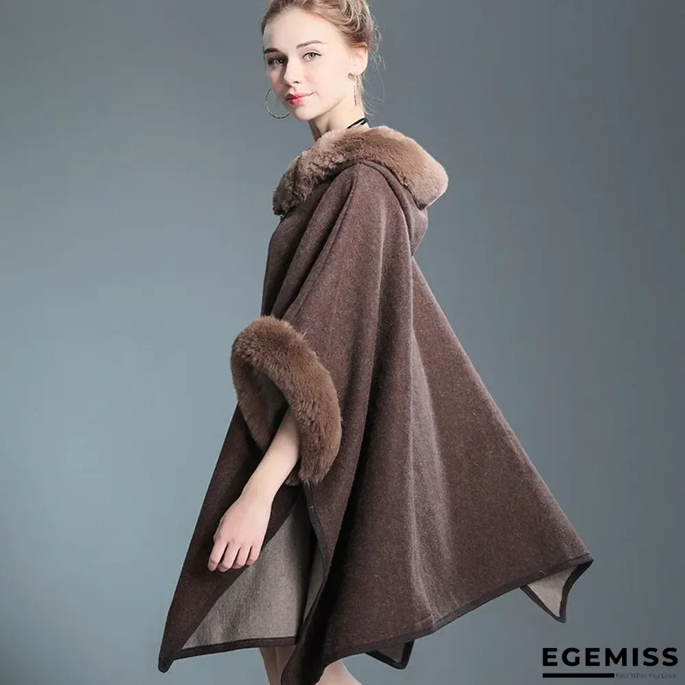 Autumn and Winter Fur Collar Hooded Shawl Cloak Large Size Woolen Coat Loose Cardigan Women | EGEMISS